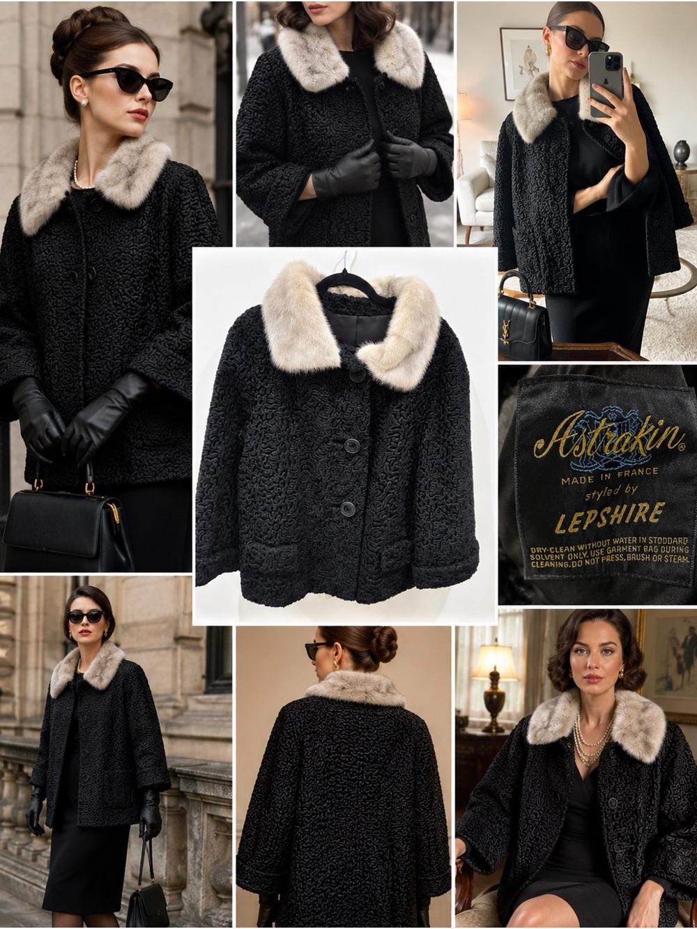 Vintage 60s Mink Fur Collar Coat Large Astrakin Lepshire Black Faux Lamb France